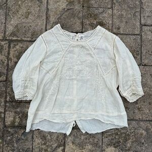 Magnolia Pearl Linen Ramie Embroidered Charlotte Blouse Top Button Tie Back OSFM